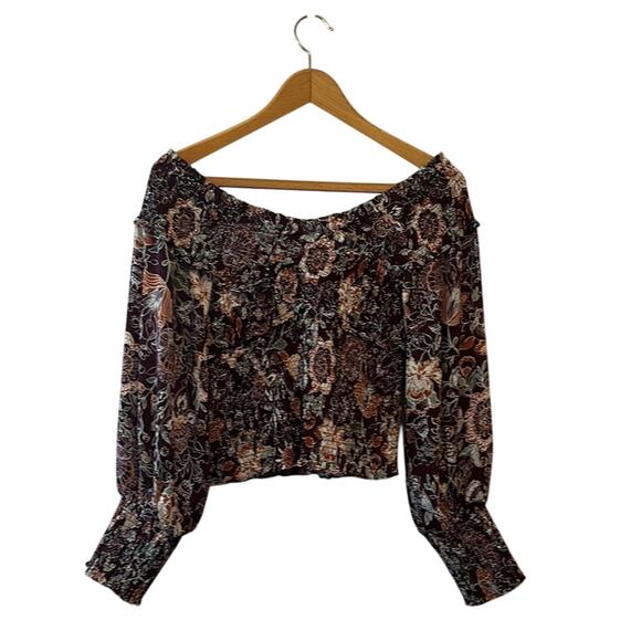 BB Dakota x Steve Madden Burgundy Floral Smocked Off-Shoulder Blouse Top Size M - Picture 3 of 9